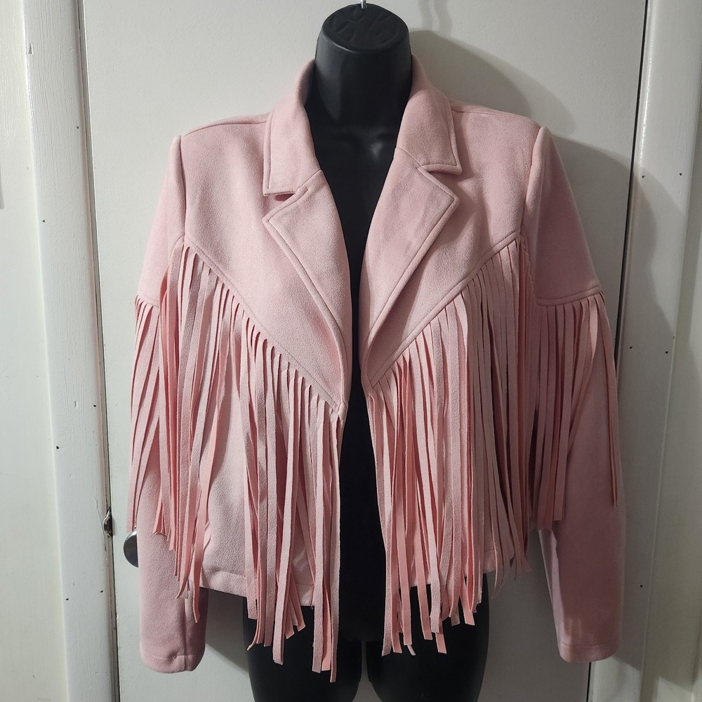 Ladies Pink Western Fringe Jacket Size Small Faux Suede